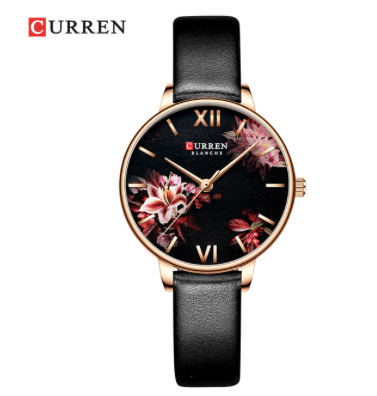 Montre Curren avec bracelet de cuir noir, cadran fleuri